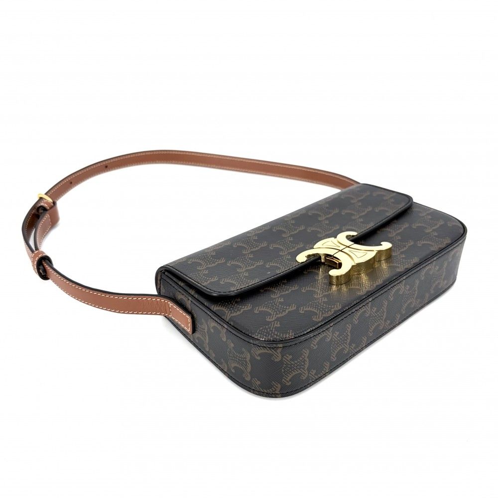 Celine Shoulder Bag Triomphe Claude Canvas Leather Brown Gold — view 3
