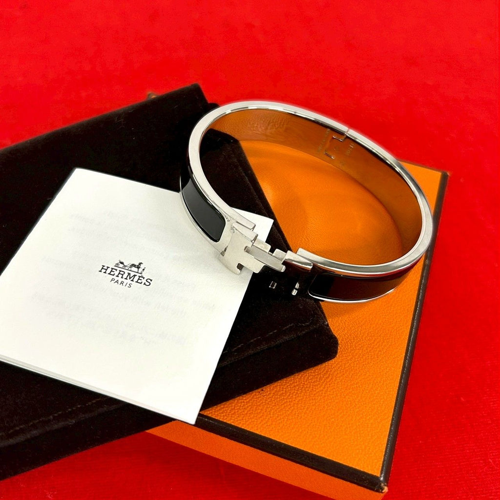 Hermes Click Bangle Enamel Palladium Plated Bracelet Silver Black