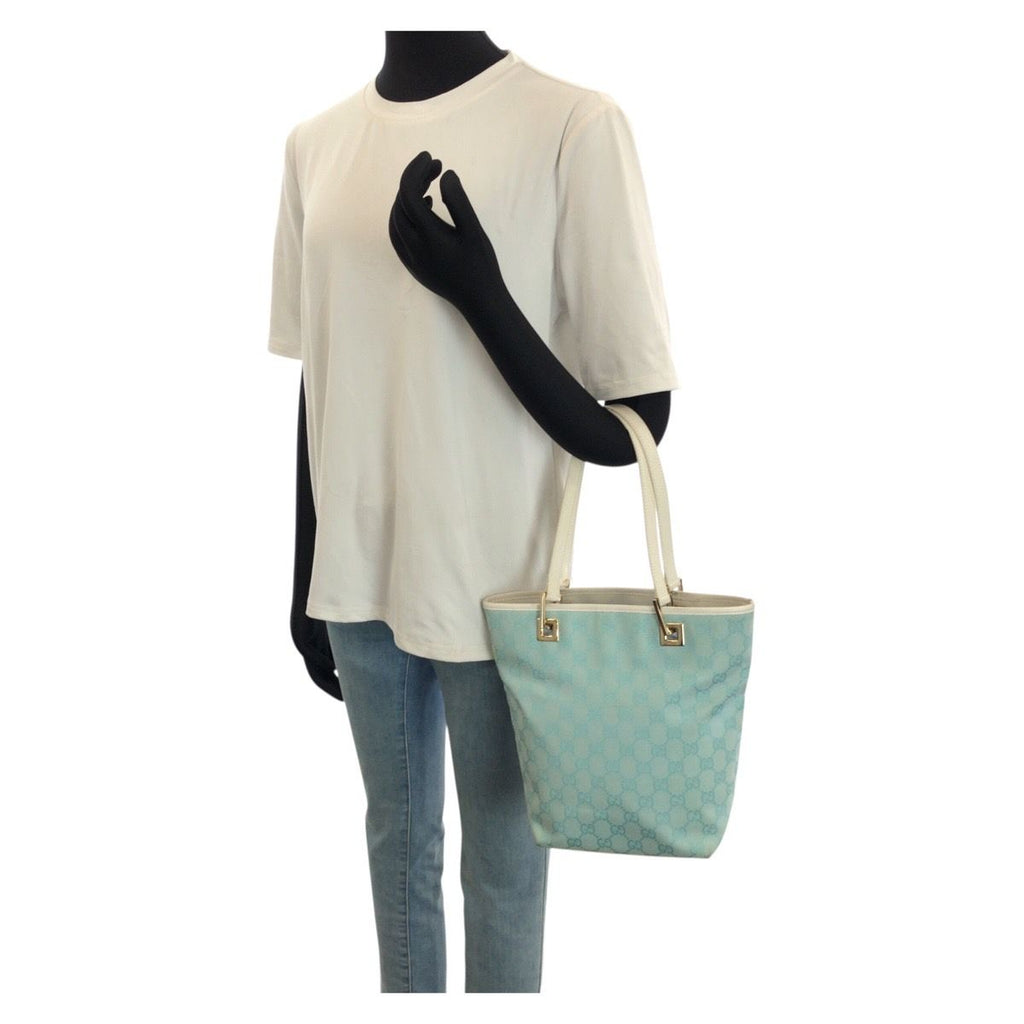 Gucci Light Blue White Gold GG Canvas Leather 002 Tote Shoulder — view 7