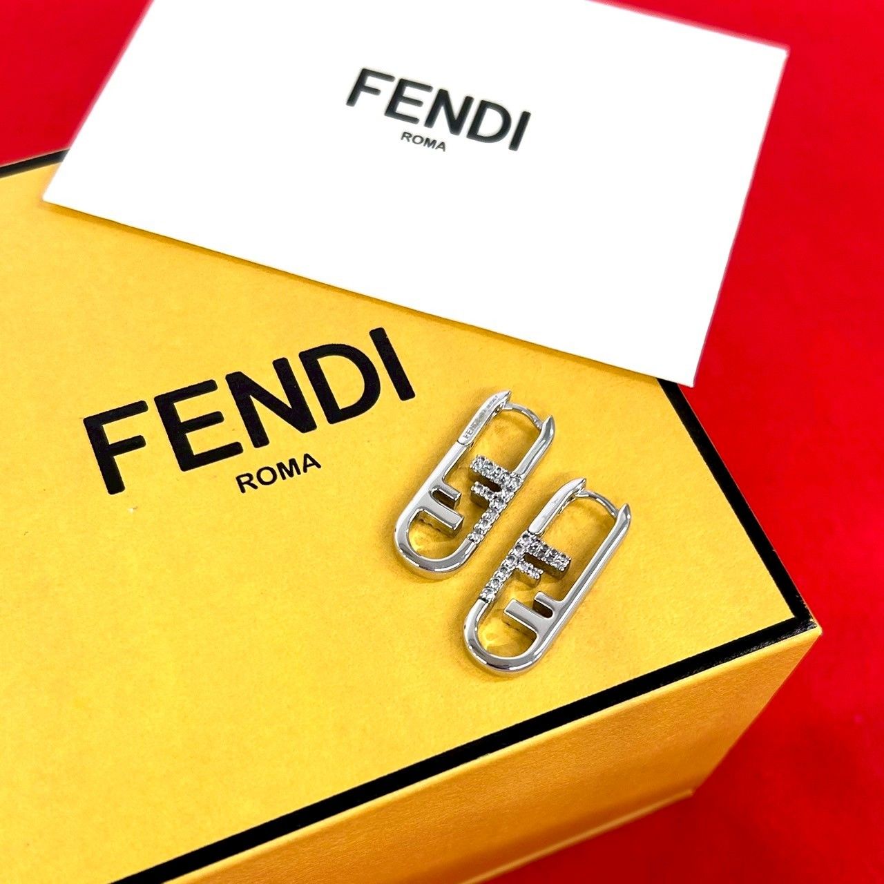 Fendi O-lock Earrings FF Logo Motif Crystal Plated Silver