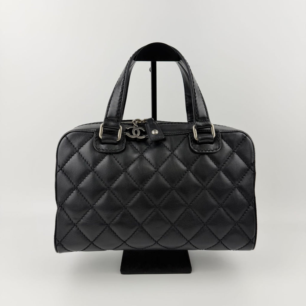 Chanel CC Logo Quilted Boston Handbag Leather Black Silver Vintage — view 2