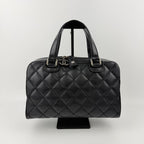 Chanel CC Logo Quilted Boston Handbag Leather Black Silver Vintage — view 2