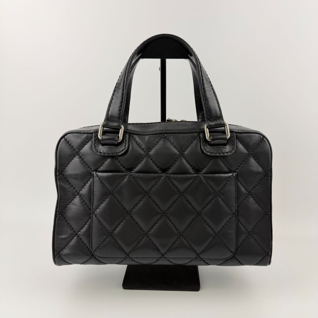 Chanel CC Logo Quilted Boston Handbag Leather Black Silver Vintage — view 3