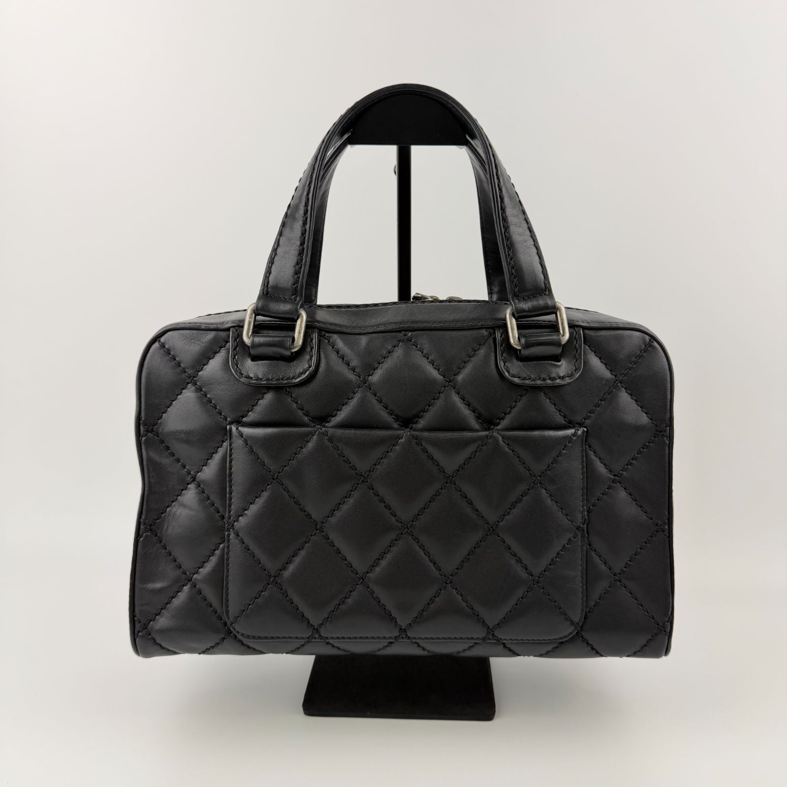 Chanel CC Logo Quilted Boston Handbag Leather Black Silver Vintage — view 3