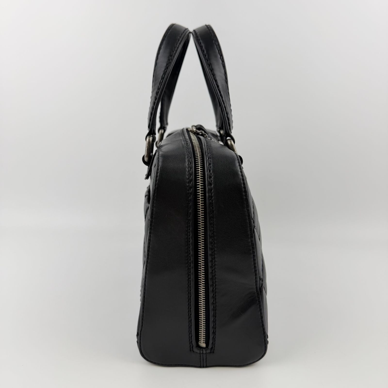 Chanel CC Logo Quilted Boston Handbag Leather Black Silver Vintage — view 5