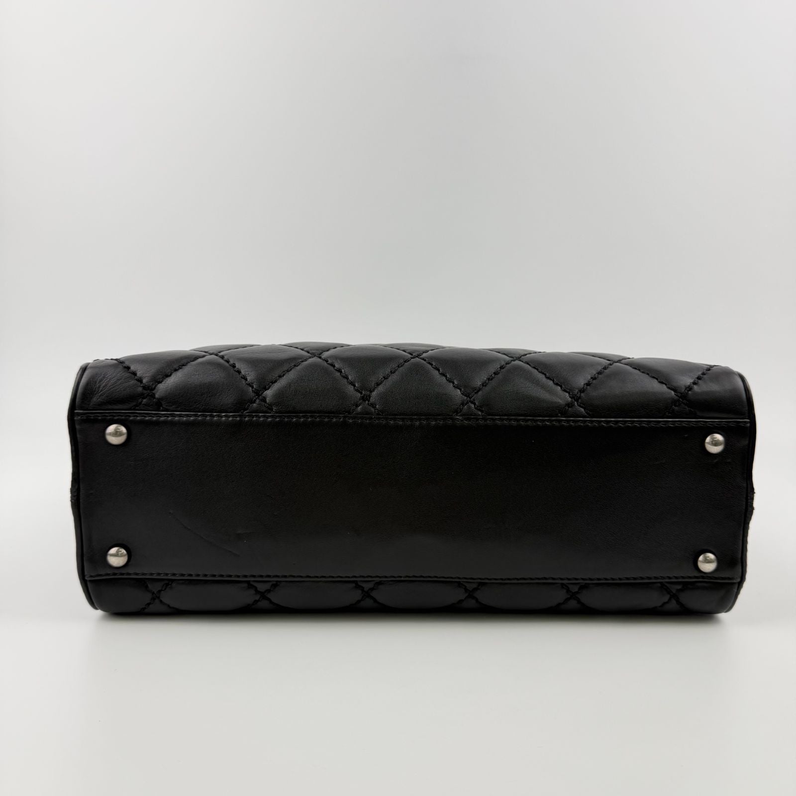 Chanel CC Logo Quilted Boston Handbag Leather Black Silver Vintage — view 6