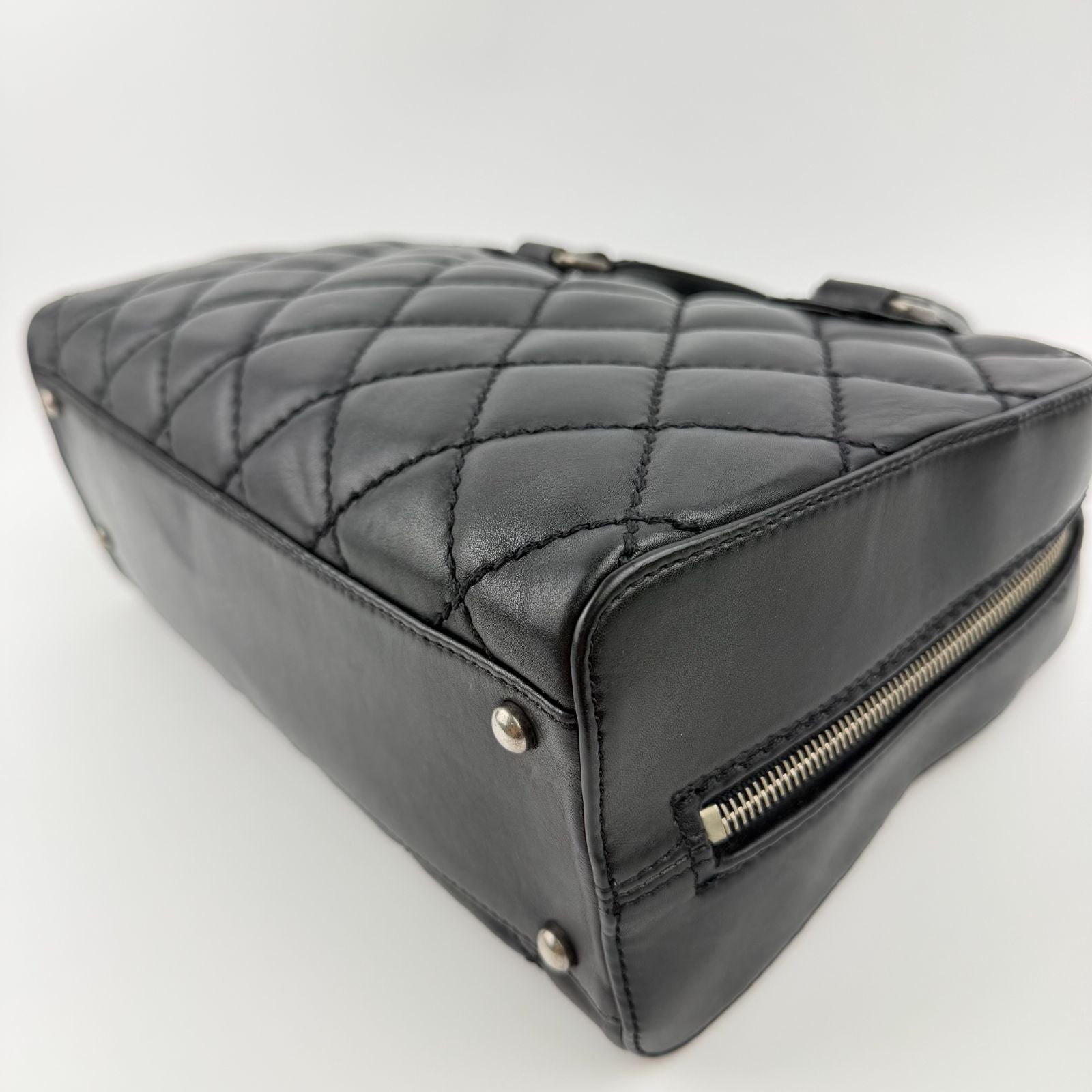 Chanel CC Logo Quilted Boston Handbag Leather Black Silver Vintage — view 8