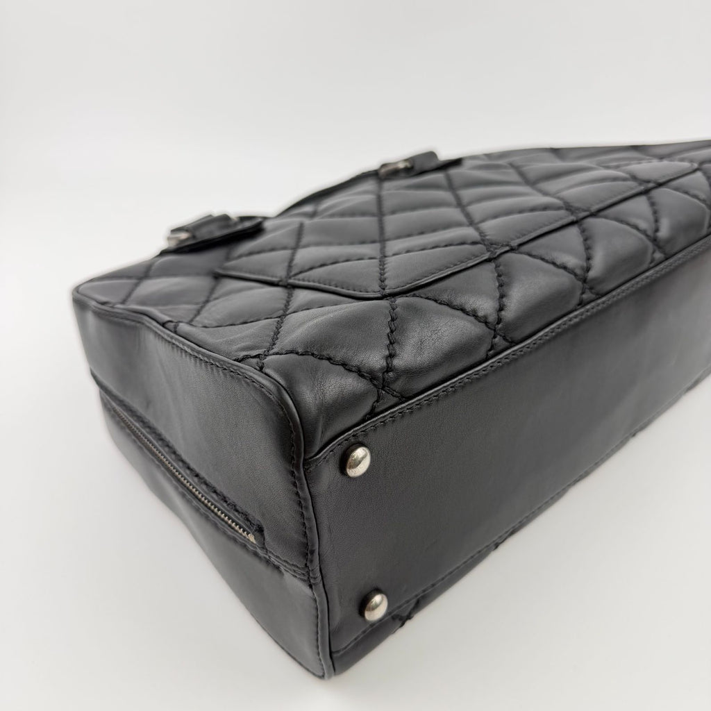 Chanel CC Logo Quilted Boston Handbag Leather Black Silver Vintage — view 9