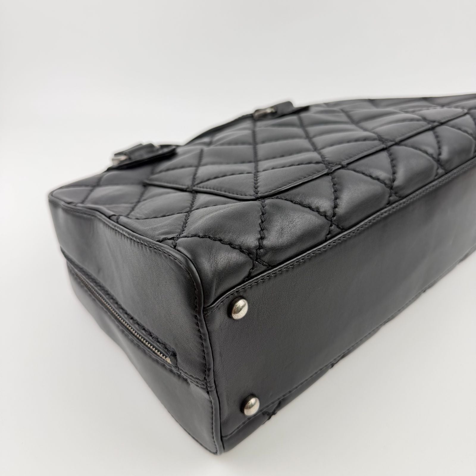 Chanel CC Logo Quilted Boston Handbag Leather Black Silver Vintage — view 9