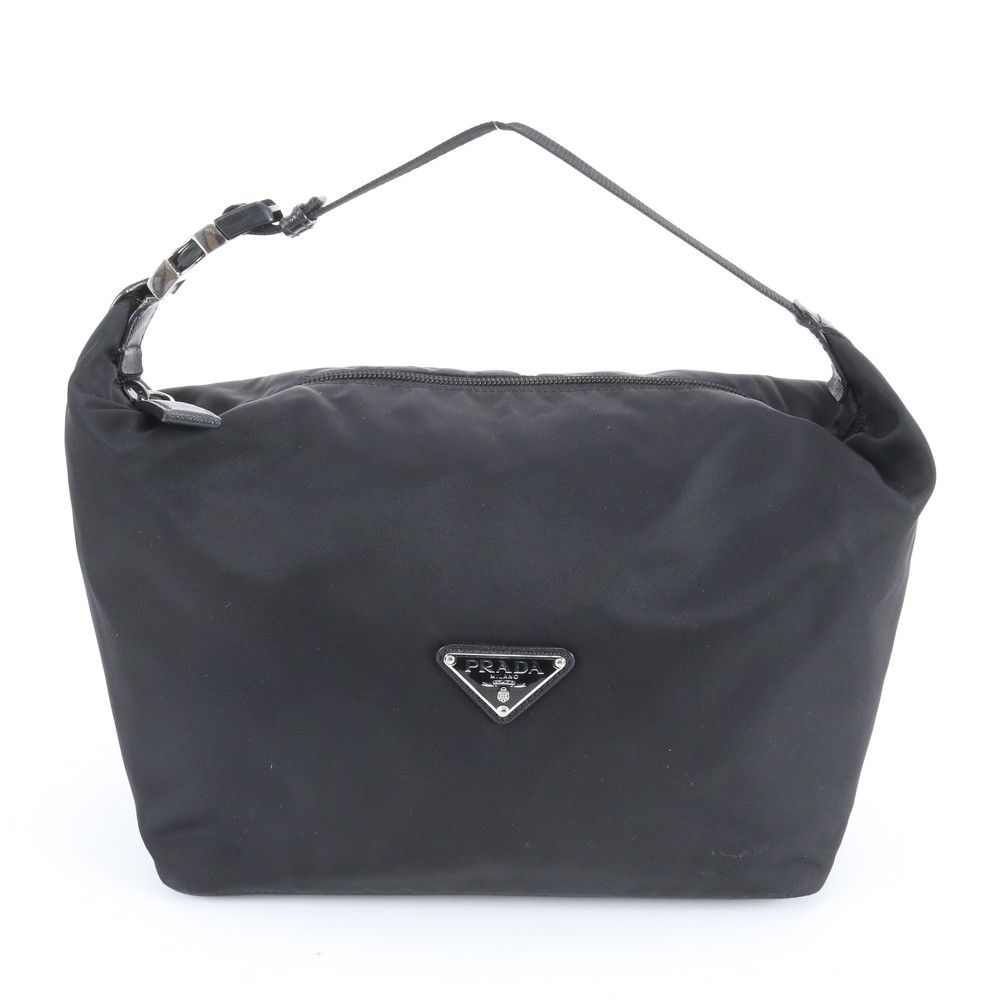 Prada Tessuto Nylon Triangle Logo Pouch Leather Handbag Tote