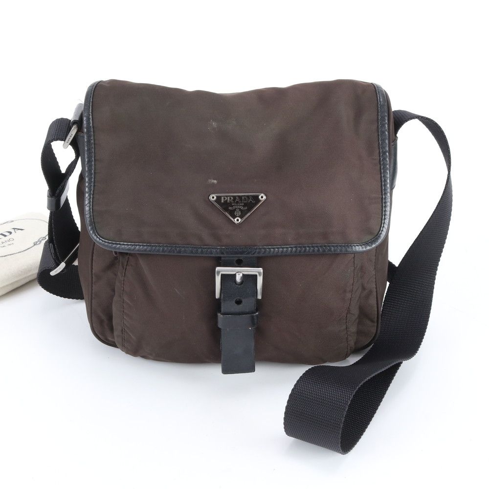 Prada Tessuto Nylon Triangle Logo Leather Shoulder Bag Crossbody Messenger