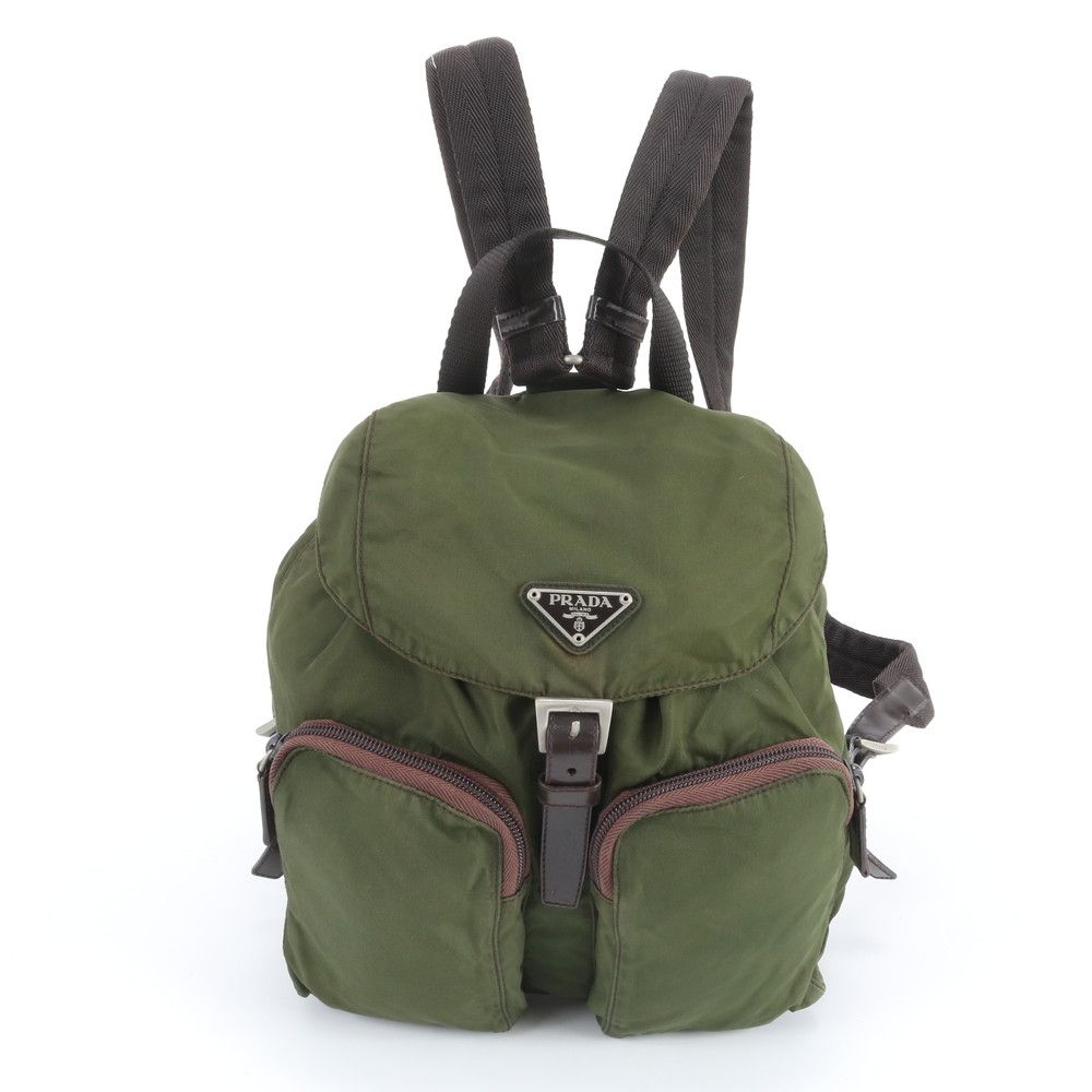 Prada Tessuto Nylon Triangle Logo Leather Backpack Shoulder