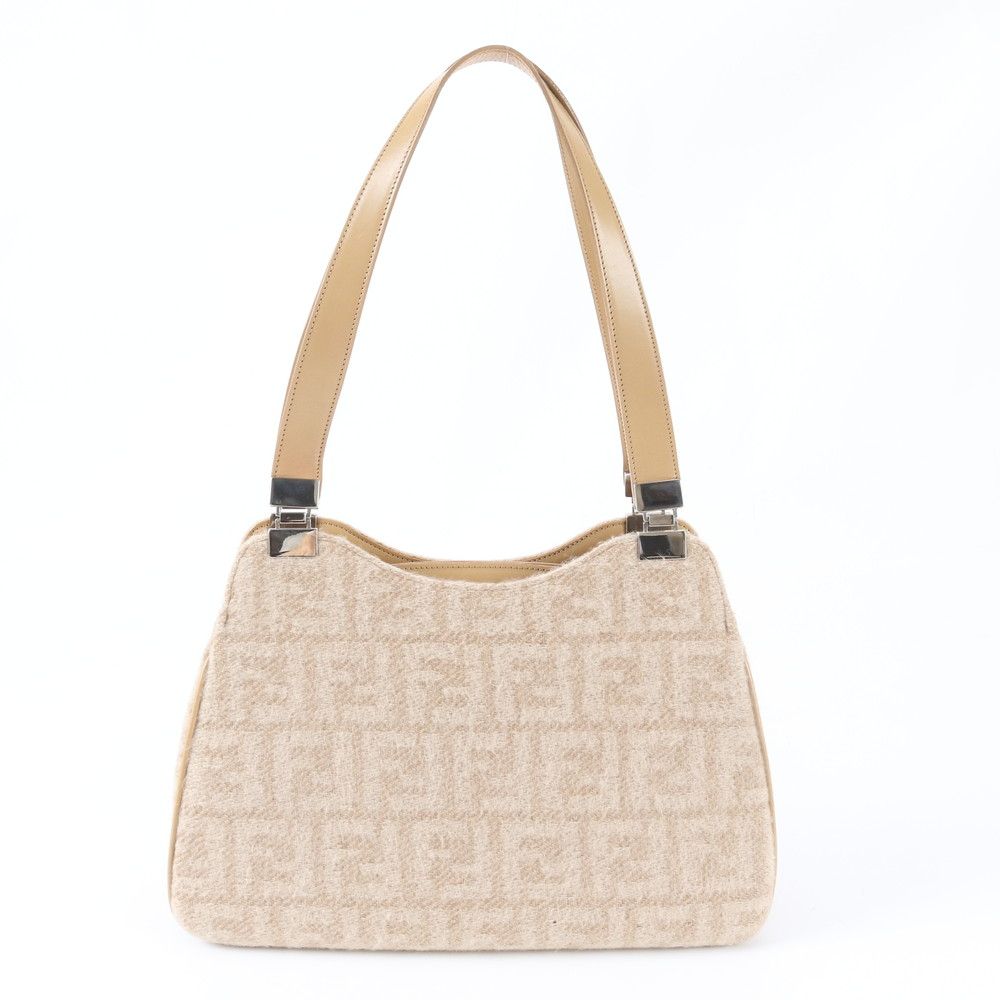 Fendi Zucca Wool Leather Shoulder Bag Tote Hand Beige