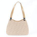 Fendi Zucca Wool Leather Shoulder Bag Tote Hand Beige