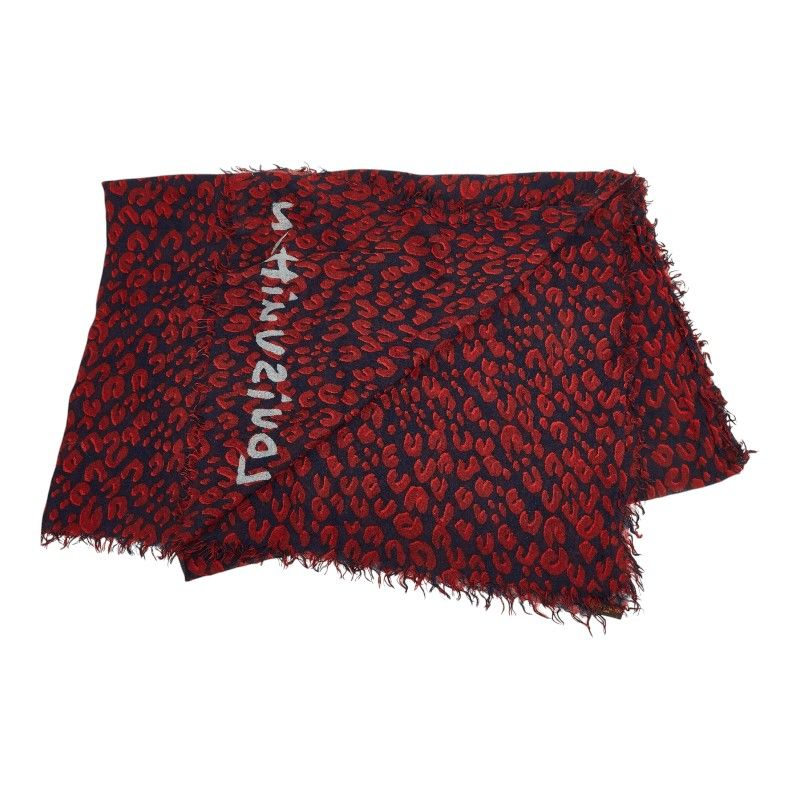 Louis Vuitton Etole Leopard Shawl Large Red Navy Silk Cashmere 1- Scarf — view 2