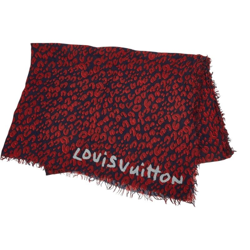 Louis Vuitton Etole Leopard Shawl Large Red Navy Silk Cashmere 1- Scarf