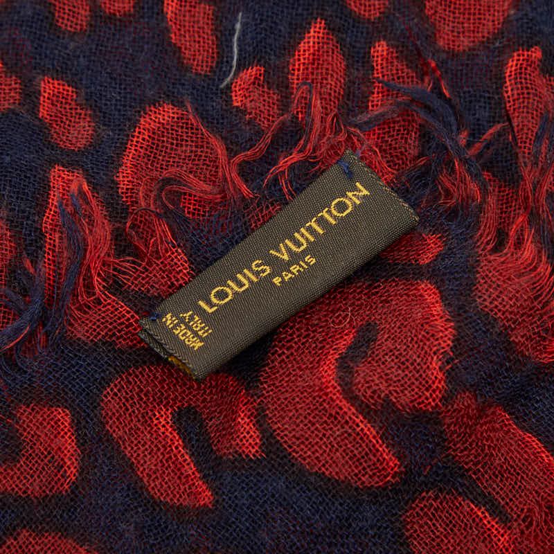 Louis Vuitton Etole Leopard Shawl Large Red Navy Silk Cashmere 1- Scarf — view 4