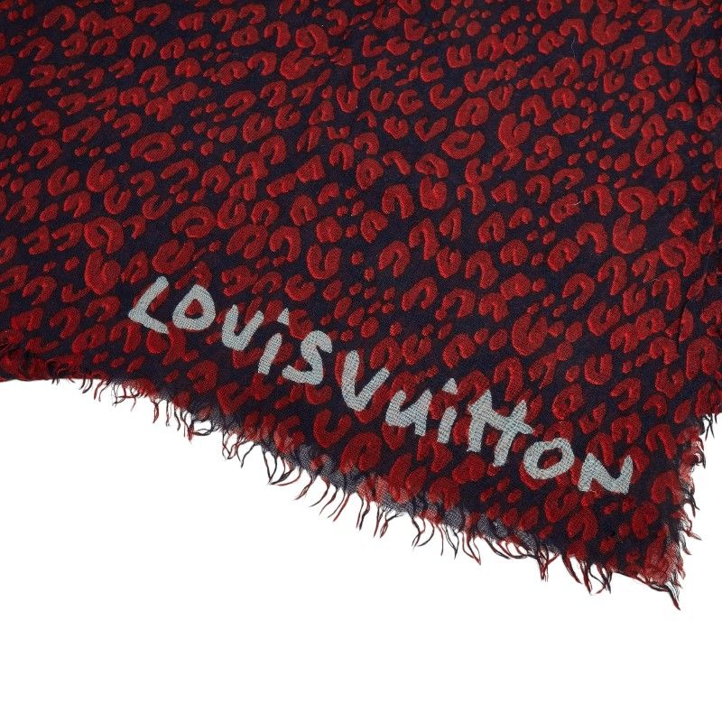 Louis Vuitton Etole Leopard Shawl Large Red Navy Silk Cashmere 1- Scarf — view 3