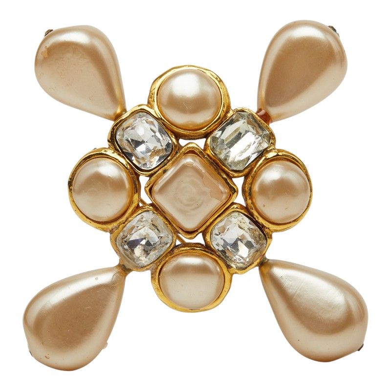 Chanel Vintage Brooch Gold Plated Faux Pearl Bijuu