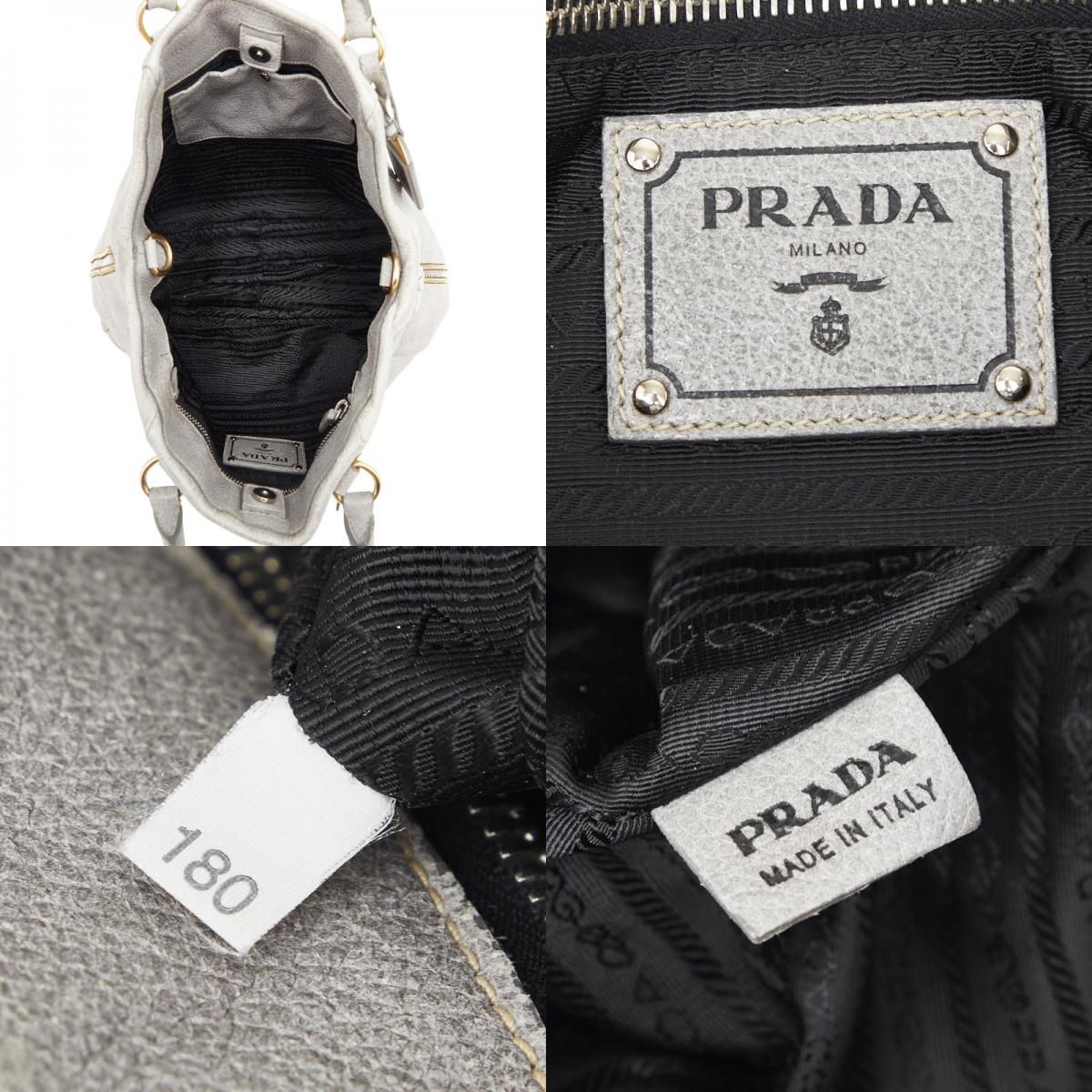 Prada Logo Tote Shoulder Bag 2-Way Silver Gray Leather — view 9