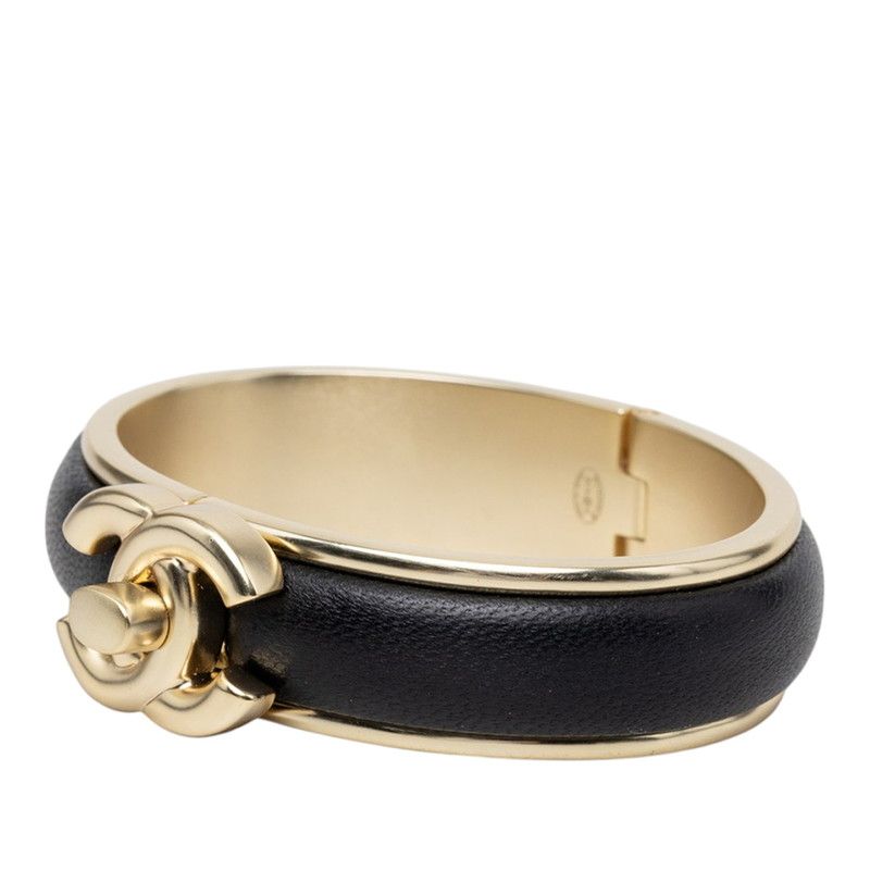 Chanel CC Logo Turnlock Bangle Bracelet Gold Black Plated Lambskin — view 2