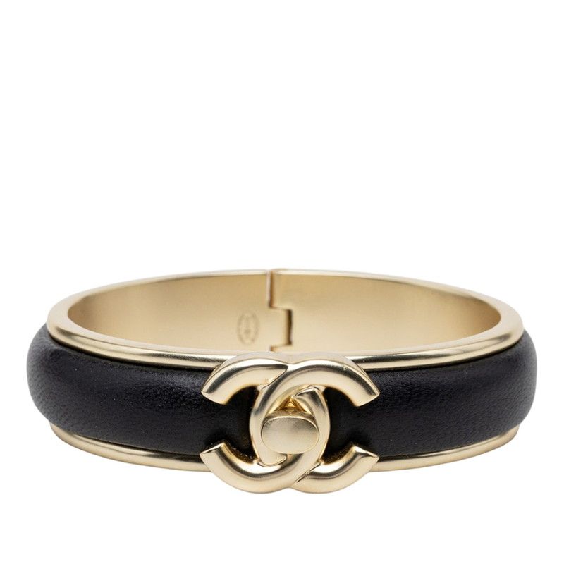 Chanel CC Logo Turnlock Bangle Bracelet Gold Black Plated Lambskin