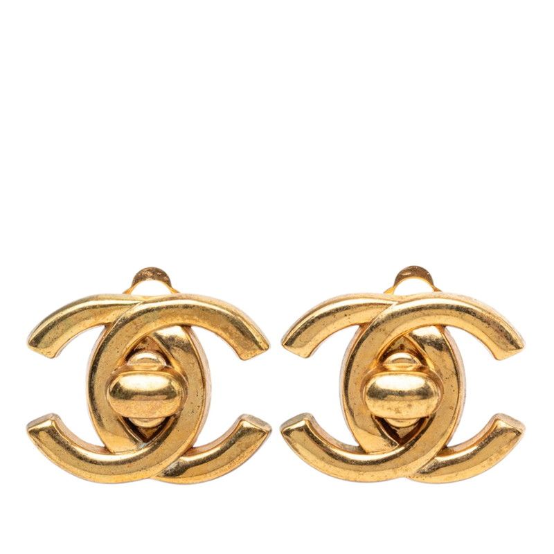 Chanel Vintage CC Logo Turnlock Motif Earrings Gold Plated