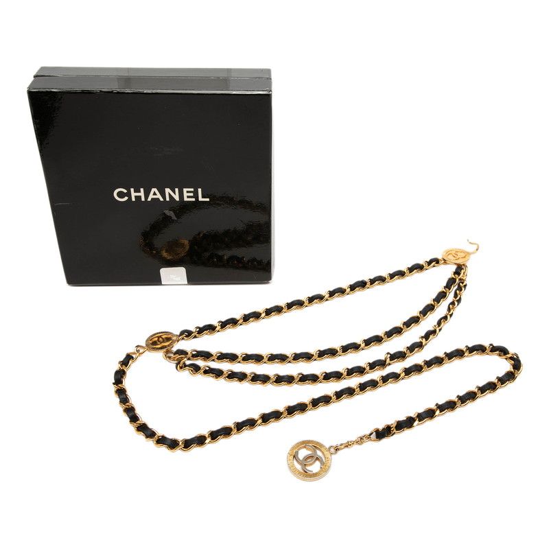 Chanel Vintage CC Logo Triple Strand Chain Belt Gold Black Plated Leather — view 4