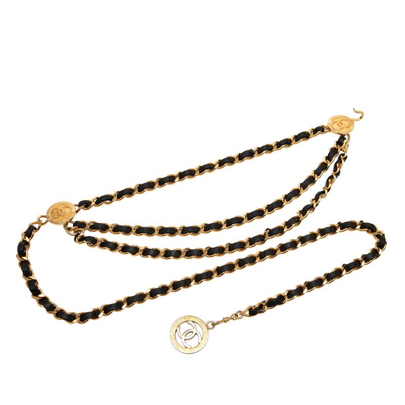 Chanel Vintage CC Logo Triple Strand Chain Belt Gold Black Plated Leather