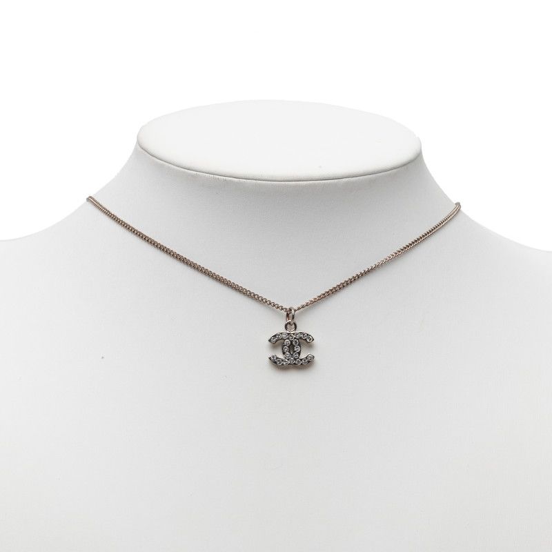 Chanel CC Logo Necklace Silver Metal Rhinestone — view 6