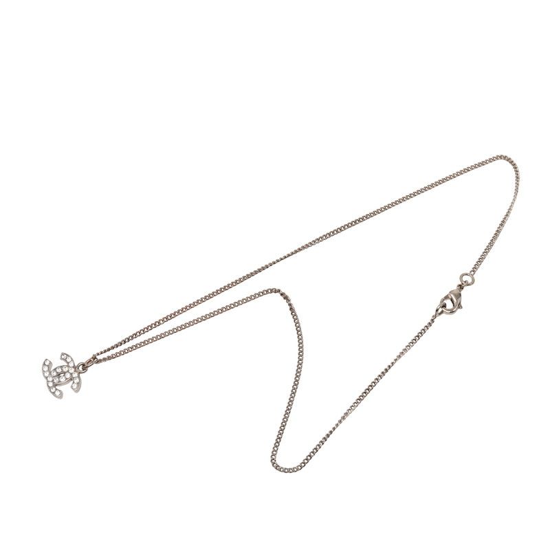 Chanel CC Logo Necklace Silver Metal Rhinestone — view 3