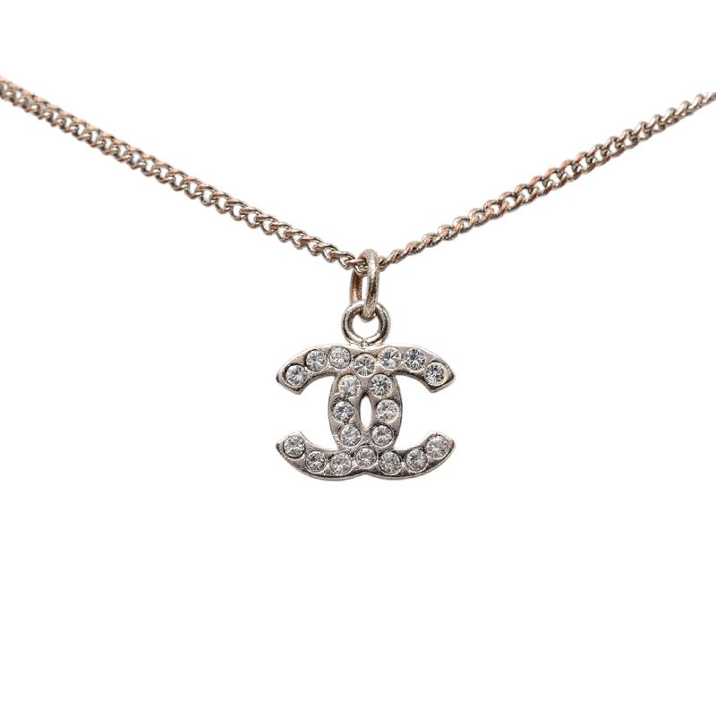 Chanel CC Logo Necklace Silver Metal Rhinestone