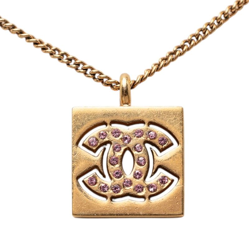 Chanel CC Logo Necklace Gold Pink Plated Rhinestone