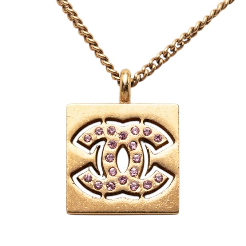 Chanel CC Logo Necklace Gold Pink Plated Rhinestone — view 2