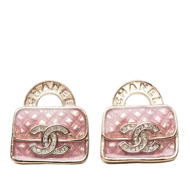 Chanel CC Logo Bag Motif Earrings Gold Pink Plated Rhinestone