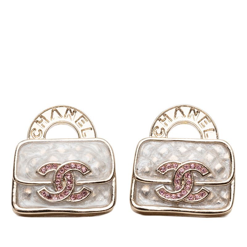 Chanel CC Logo Bag Motif Earrings Gold Pink White Plated Rhinestone