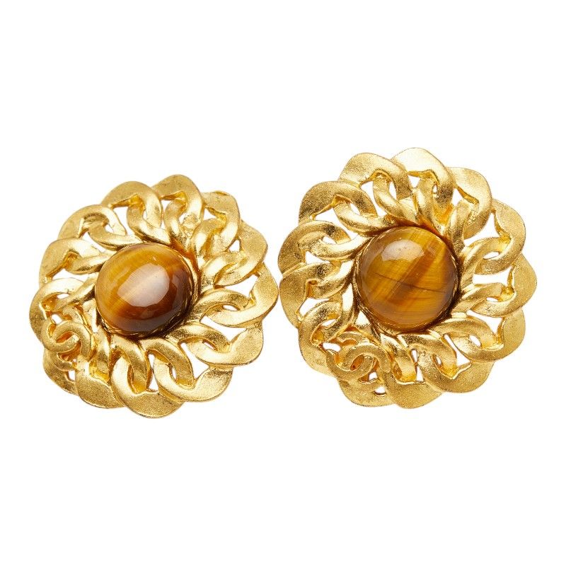 Chanel CC Logo Vintage Round Earrings 96 Gold Brown Plated Tiger
