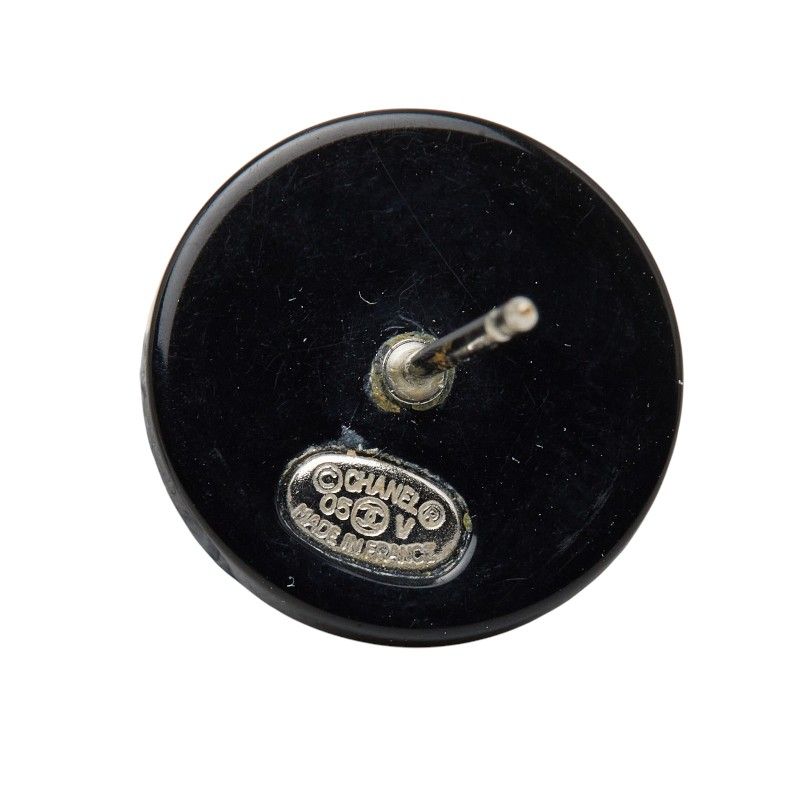 Chanel CC Logo Round Stud Earrings 05 Black Plastic Rhinestone — view 5