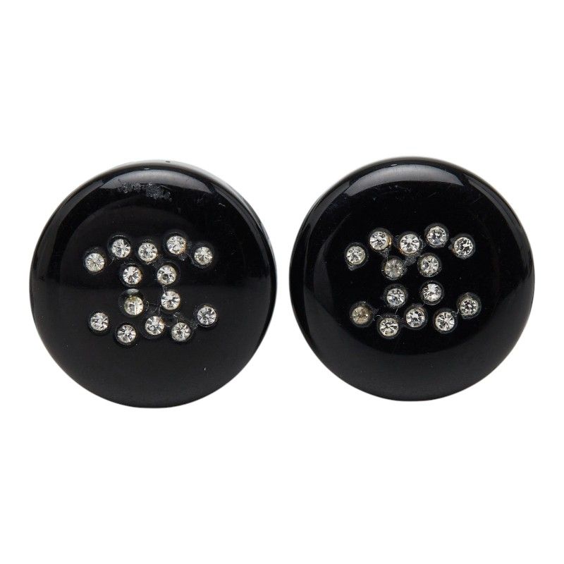 Chanel CC Logo Round Stud Earrings 05 Black Plastic Rhinestone — view 2