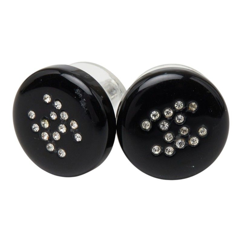 Chanel CC Logo Round Stud Earrings 05 Black Plastic Rhinestone