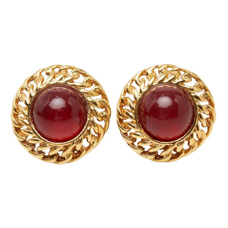 Chanel Gripoix Vintage Round Earrings Gold Red Plated Glass — view 2