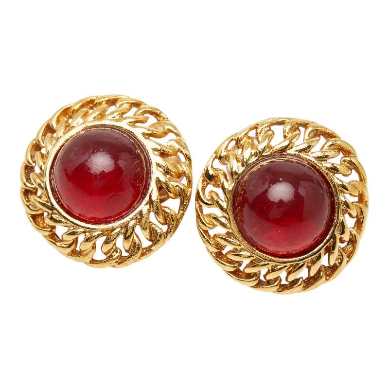 Chanel Gripoix Vintage Round Earrings Gold Red Plated Glass