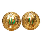 Chanel Gripoix Vintage Round Earrings Gold Green Plated Glass — view 3