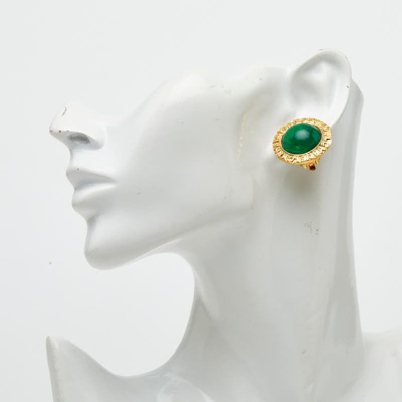Chanel Gripoix Vintage Round Earrings Gold Green Plated Glass — view 5
