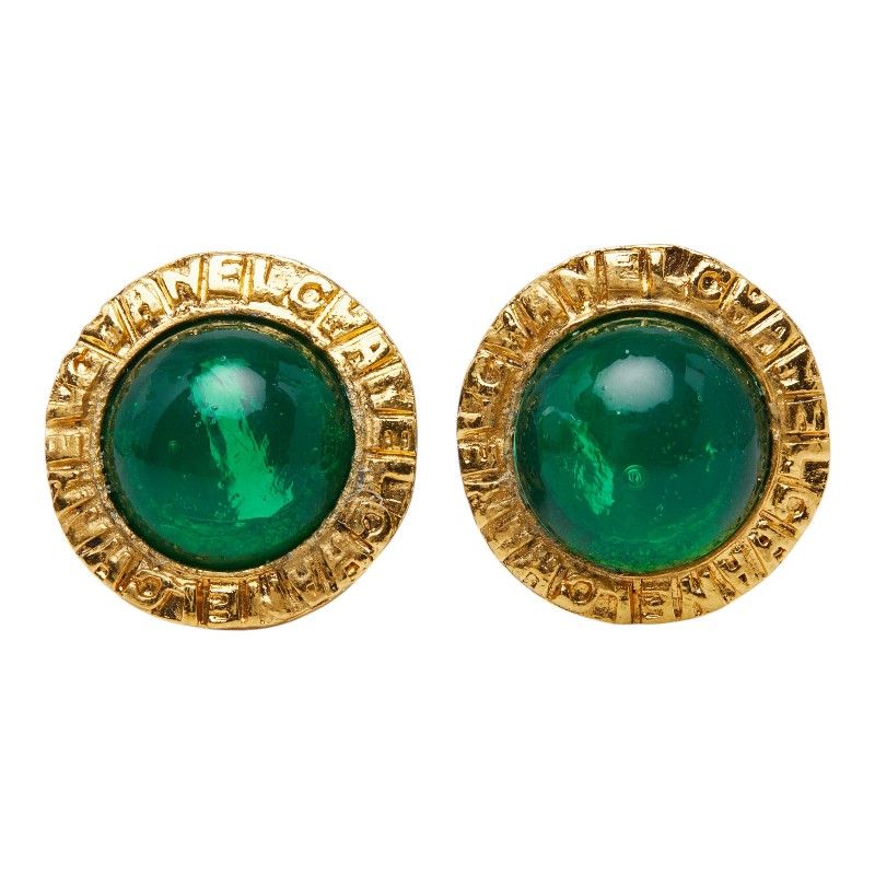 Chanel Gripoix Vintage Round Earrings Gold Green Plated Glass — view 2