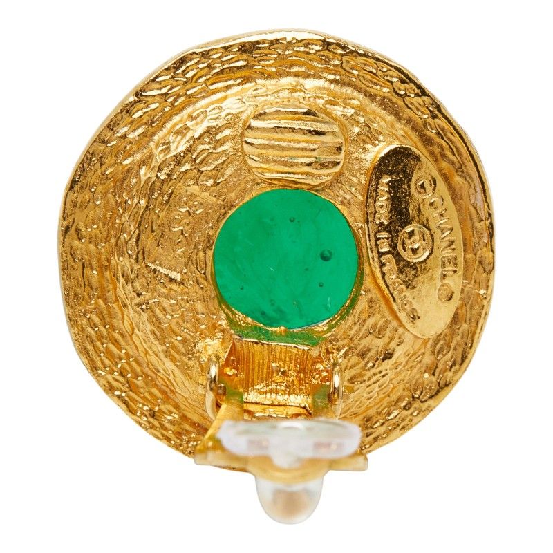 Chanel Gripoix Vintage Round Earrings Gold Green Plated Glass — view 4