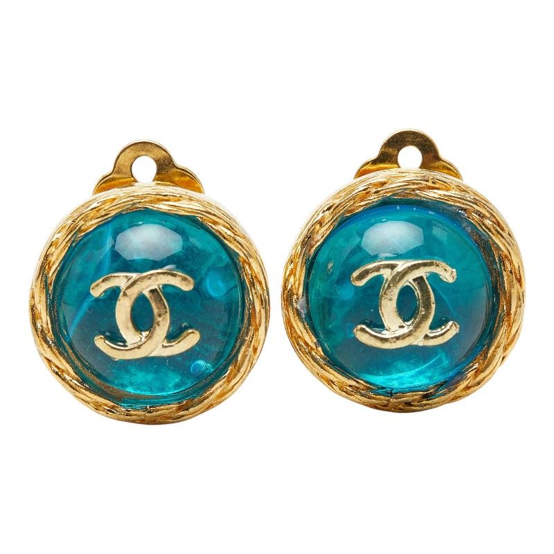 Chanel CC Logo Gripoix Vintage Round Earrings Gold Plated Glass — view 2
