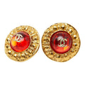 Chanel CC Logo Gripoix Vintage Round Earrings Gold Red Plated Glass