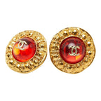Chanel CC Logo Gripoix Vintage Round Earrings Gold Red Plated Glass