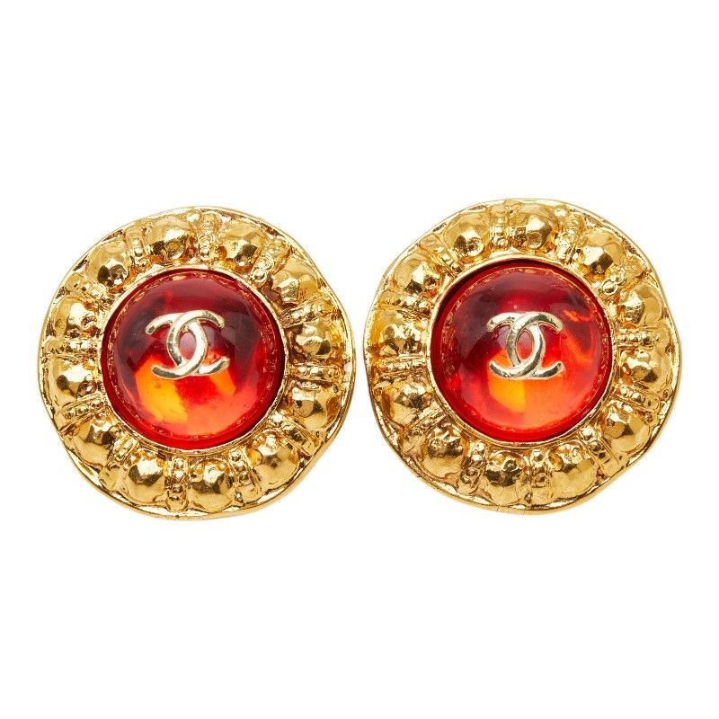 Chanel CC Logo Gripoix Vintage Round Earrings Gold Red Plated Glass — view 2